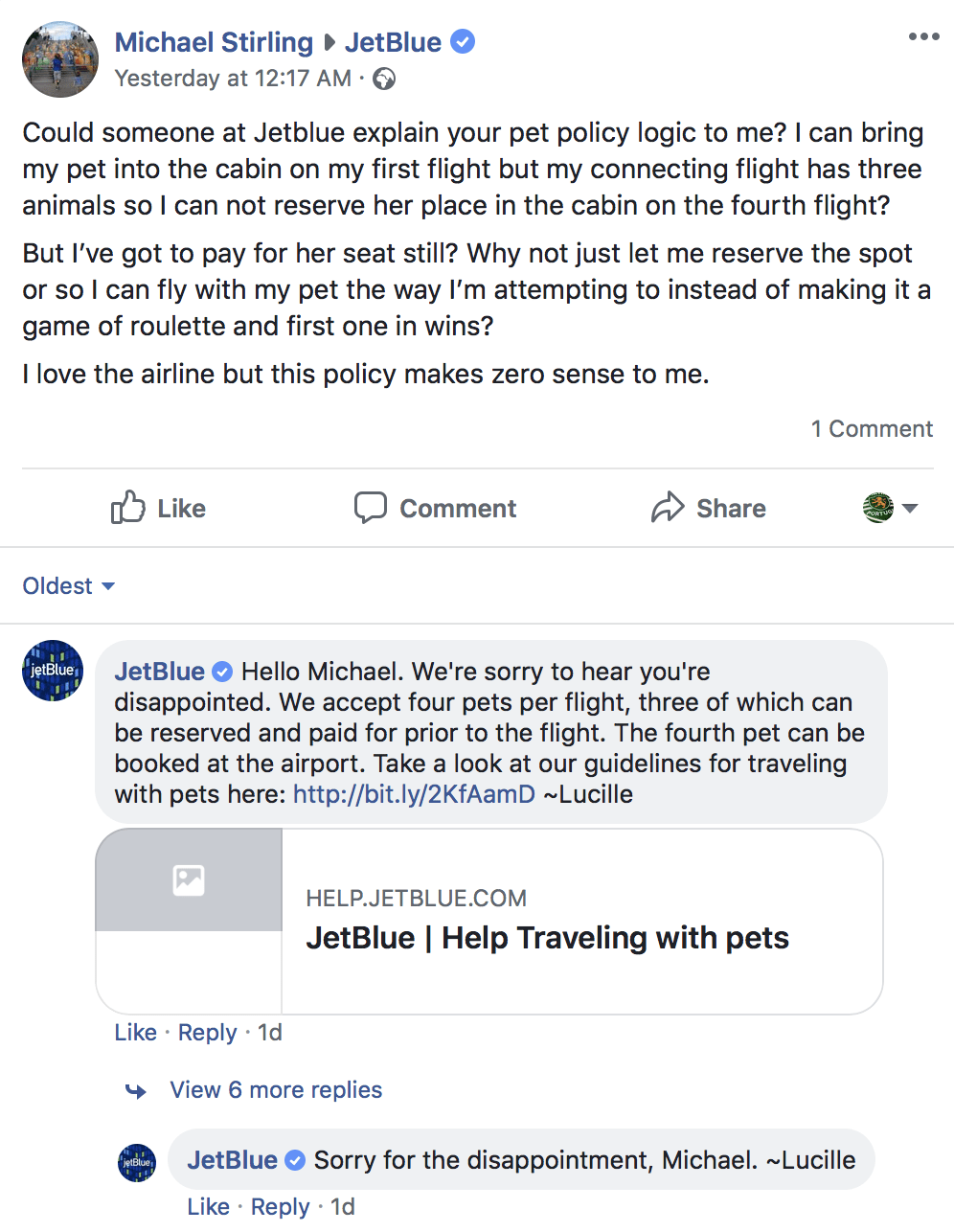 Conversation on JetBlue's Facebook page