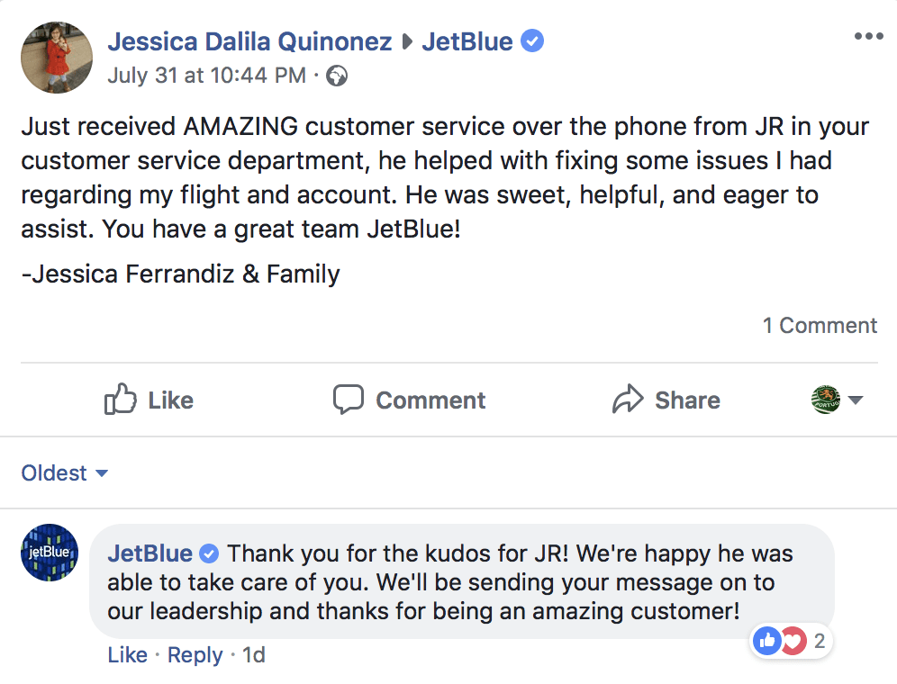 Conversation on JetBlue's Facebook page