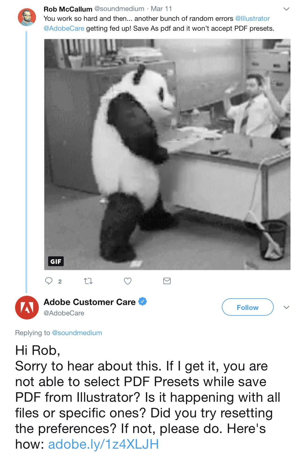 Adobe answers to a customer complaint on Twitter